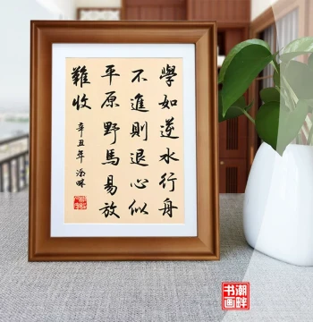 Inspirational Handwritten Calligraphy 'Learning is Like Sailing Against the Current; If You Do Not Advance, You Recede' F Desktop Ornament with Solid Wood Frame for Living Room or Entryway