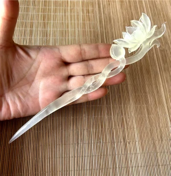 Natural Xiuyan White Ice Jade Lotus Hairpin - Unique Item Photo, Authentic Hanfu Accessory, Grade A Xiuyan Jade Hair Stick