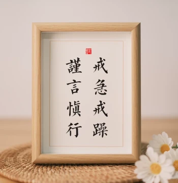 'Avoid Haste and Impatience, Speak and Act with Caution' Desktop Calligraphy Ornament, Handwritten Inspirational Art Piece for Office Desk or Bedside, Motto Plaque