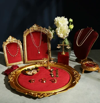 Luxury Red Velvet Jewelry Display Stand with Frame for Necklaces and Rings