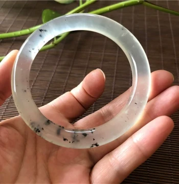 Natural Xiuyan Jade Bangle for Women - Authentic Liaoning Ice-Transparent Grade A Ink-Wash Blue Flower Design