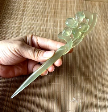 Natural Xiuyan Jade Green Ice Orchid Hairpin - Unique Photo, Authentic Grade A Hanfu Accessory