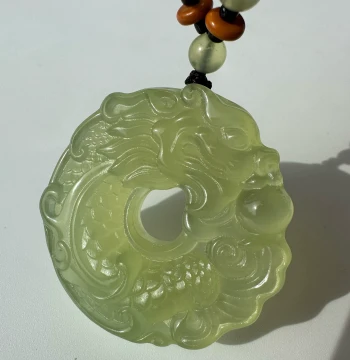 Natural Xiuyan Jade Dragon and Fish Pendant - Peace Buckle with Auspicious Dragon-Phoenix Motif, Ink-Wash Style Carving