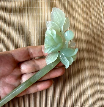 Natural Xiuyan Jade Green Ice-Texture Begonia Hairpin - Unique Piece for Hanfu Styling, Authentic Xiuyan Rock Jade Accessory