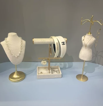 Luxury White Velvet Jewelry Display Stand with Necklace Rack and Ring Tray for Store Showcase or Photography Props