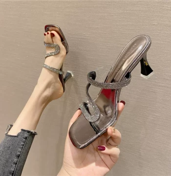 French Rhinestone Stiletto Slide Sandals 2023 Summer New Versatile Open-Toe Outdoor High Heels One-Strap Slip-On Sandals