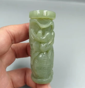 Natural Xiuyan Jade (Yellow-White Old Jade) Tremolite Raw Stone Hand-Held Piece: Dragon Pillar Design