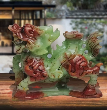 Pair of Xiuyan Jade Qilin Statues - Home and Office Decor, Housewarming and Grand Opening Gift for Wealth and Protection