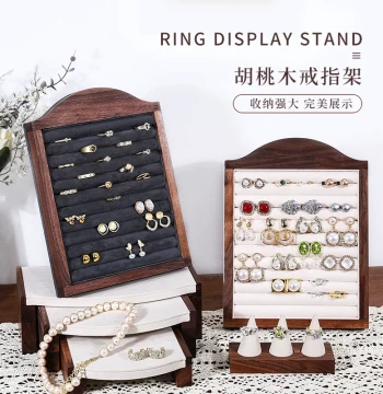 Walnut Ring Display Stand, Photo Frame Style Holder for Rings, Stud Earrings, Hoops, and Jewelry Organization