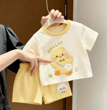 Kids Summer Thin Cute Yellow Duck Short Sleeve & Shorts Set - Unisex Parent-Child Family T-Shirt Two-Piece Outfit