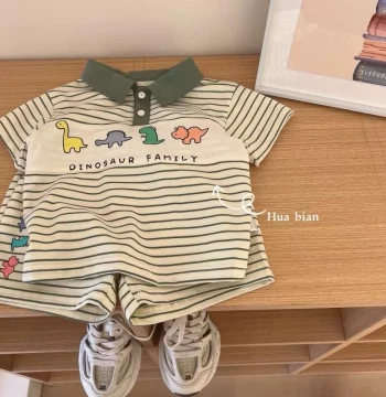 2025 Children's Summer New Korean Style Boys' Baby Set, Toddler Striped Polo T-Shirt and Shorts Two-Piece Set J