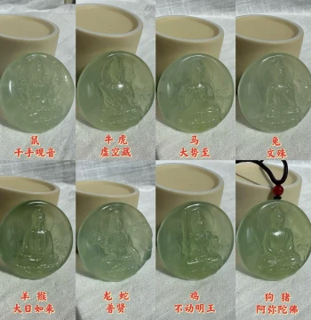 One-of-a-Kind Natural Xiuyan Jade Ice-Transparent Eight Great Guardian Deities Pendant Necklace