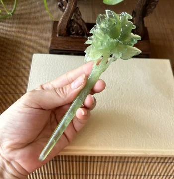 Natural Xiuyan Jade Hairpin, 180 Green Ice Peony Design, Authentic Grade A Jade Hair Stick, Real Product Photo