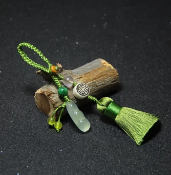 Natural Xiuyan Jade Lucky Bean Pendant with Tassel - Premium Original Handmade Keychain for Car Keys and Bags