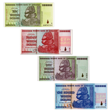 Zimbabwe 100 Trillion, 50 Trillion, 20 Trillion, 10 Trillion Foreign Currency Collection Gift Set, Brand New