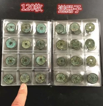 Coin Collection: 120 Green Patina Copper Coins from Tang, Song, Yuan, Ming, and Qing Dynasties, Includes Album