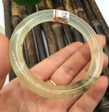 Vintage Xiuyan Jade Bangle with Ink-Wash Floral Pattern - Natural Pale Round Jade Bracelet with Free Shipping