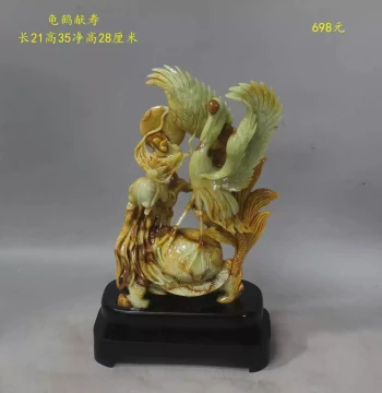 Pure Natural Xiuyan Jade Tortoise and Crane Longevity Ornament, Hand-Carved Fine Jade Statue