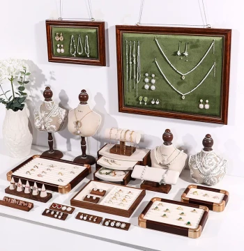 Walnut Wood Vintage Necklace Display Stand with Ring Holder and Jewelry Tray