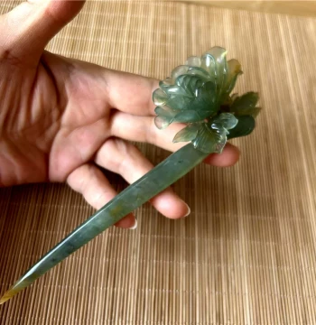 Natural Xiuyan Jade Blue Water Peony Hairpin - Unique Item Photo, Authentic Hanfu Hair Accessory A