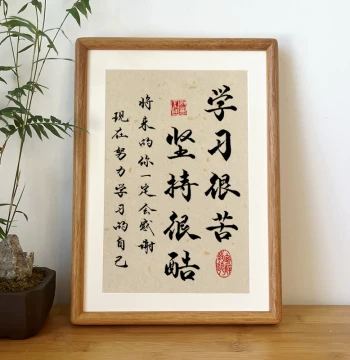 Handwritten Calligraphy Decor: 'Learning is Hard, Persistence is Cool' – Solid Wood Frame, Motivational Wall Art for Students and Children