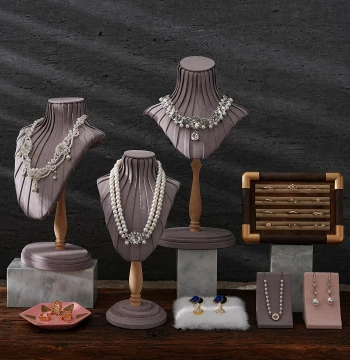 Purple Pleated Velvet Jewelry Display Stand with Necklace Holder, Picture Frame, Ring Tray, and Earring Rack for Store Merchandising
