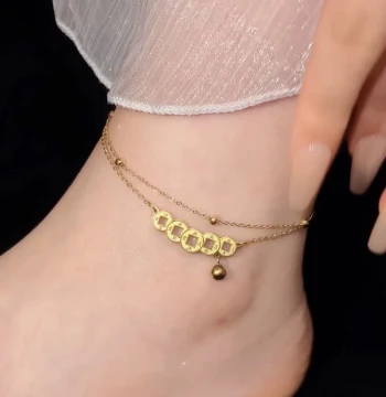 Titanium Steel Non-Fading Lucky Copper Coin Anklet with Double-Layer Five Emperor Coins and Transfer Beads - 2024 New Arrival