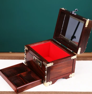 Laos Red Rosewood Jewelry Box with Lock, Velvet-Lined Compartments, Chinese Vintage Style