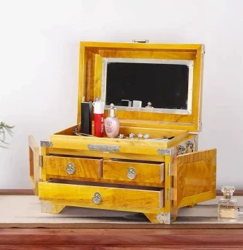 Golden Nanmu Jewelry Storage Box with Mirror, Portable Home Drawer-Style Cosmetic Case