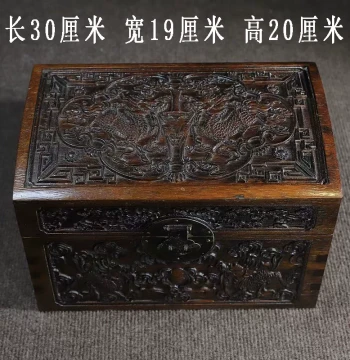 Antique Burmese Rosewood Carved Qilin Drum-Lid Storage Box, Solid Wood Dragon Pattern Official Chest Decor