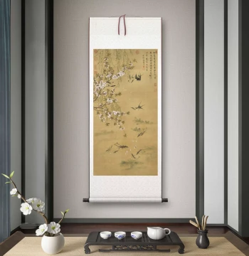 Qing Dynasty Yun Shouping 'Swallows and Fish' Scroll Painting for Living Room, Study, or Tea Room
