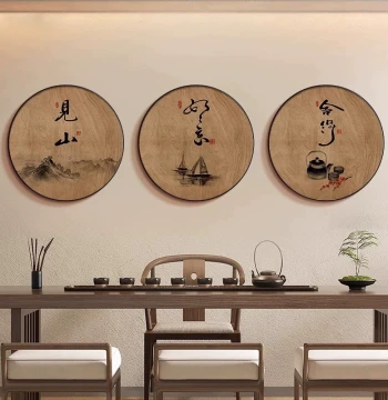Song Dynasty Aesthetic Round Landscape Painting with Calligraphy for Study, Tea Room, or Living Room