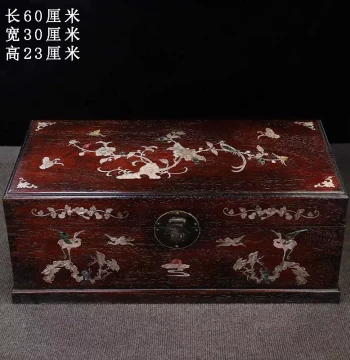 Antique Small-Leaf Red Sandalwood Jewelry Box with Shell Inlay, Large Floral and Bird Design, Rosewood Storage Chest