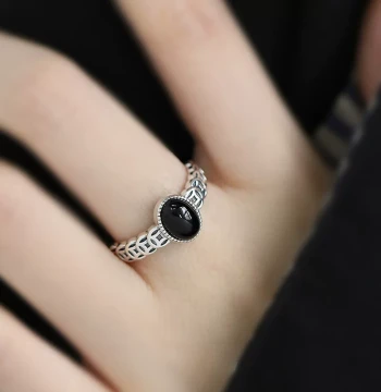 925 Sterling Silver Retro New Chinese Style Black Agate Cabochon Ring with Copper Coin Design, Adjustable Open Band