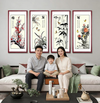 Guanyuan Traditional Chinese Painting Set of Four (Plum, Orchid, Bamboo, Chrysanthemum), Calligraphy and Artwork for Living Room, Tea Room, or Office Decor, Freehand Flower-and-Bird Style
