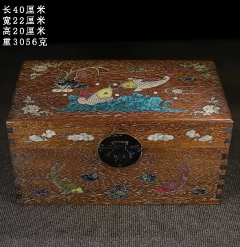 Antique Collectible Burmese Rosewood Jewelry Box with Shell Inlay 'Year After Year of Surplus' - Large Redwood Storage Chest