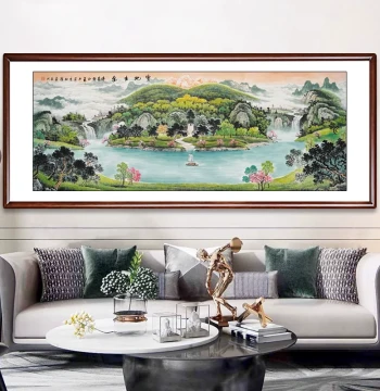 Hand-Painted Feng Shui Landscape 'Treasure Basin' for Office West Wall, Living Room Ink Wash Art