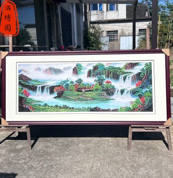 Intangible Cultural Heritage Pure Handmade Su Embroidery on Silk, Chinese Landscape Painting of Majestic Mountains and Rivers for Living Room Sofa Wall Decor