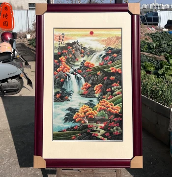 Handmade Su Embroidery Landscape Painting - Sunrise Over Mountains Intangible Cultural Heritage Art for Study, Living Room, Entryway, or Behind Sofa