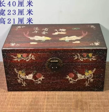 Antique Small-Leaf Red Sandalwood Jewelry Box with Shell Inlay, Rosewood Mother-of-Pearl Bird, Flower, and Double Fish Storage Chest