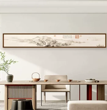Zen Tea Room Calligraphy, Narrow Horizontal Landscape Painting of Treasure Bowl for Office Desk or Living Room, Chinese Style Decor