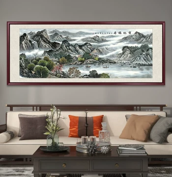Baodi Fuju Landscape Painting for Living Room, Sofa Background Wall Decor, Office Chinese Art, Treasure Bowl and Backing Mountain Theme