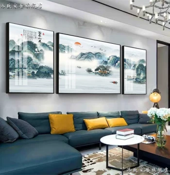 Chinese Landscape Painting Triptych for Living Room - Traditional Mountain and Water Scene Wall Art for Sofa Background