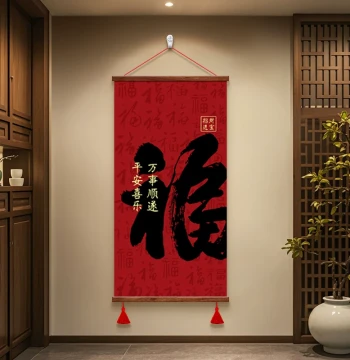 'Fu' Character Festive Calligraphy Art for Living Room Entryway, Study, Office, or Tea Room Hanging Scroll with Auspicious Meaning