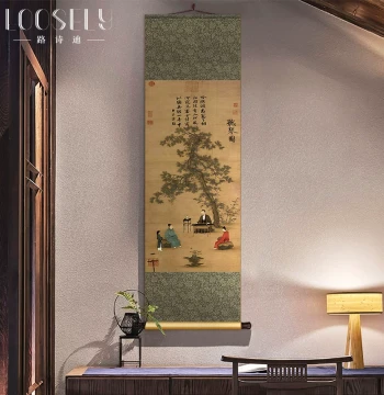 New Chinese Style Silk Scroll Hanging Painting, Vertical Entryway Art for Tea Room, Landscape Calligraphy for Living Room and Dining Room Background Wall Decor