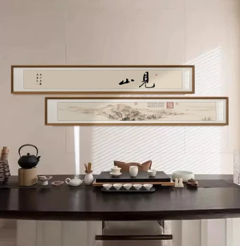 New Chinese Style Narrow Landscape Zen Wall Art, Solid Wood Living Room Tea Room Office Decor