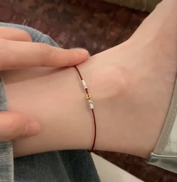 2025 New Minimalist Luxury Ankle Bracelet for Women - Delicate Gold Coin & Crushed Silver Design with Red Cord