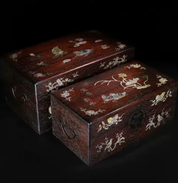 Antique Rosewood Inlaid Shell Hongmu Mother-of-Pearl Floral and Bird Letter Nested Box Jewelry Case Storage Container Ornament