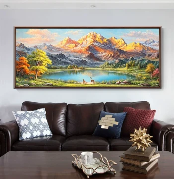 Hand-Painted Oil Painting: American and European Style Living Room Sofa Background Wall Art Featuring Sunlit Golden Mountains, Treasure Bowl, and Landscape Scenery