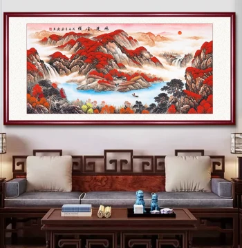 Good Fortune Chinese Landscape Painting Hand-Painted Original for Living Room Decor, Sofa Background Wall Art, Office Hanging